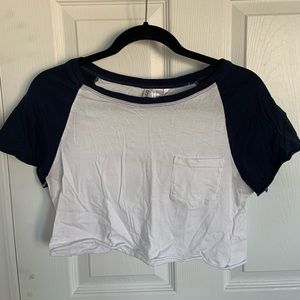 H&M, White and Navy Blue Cropped T-Shirt, Size: X Small